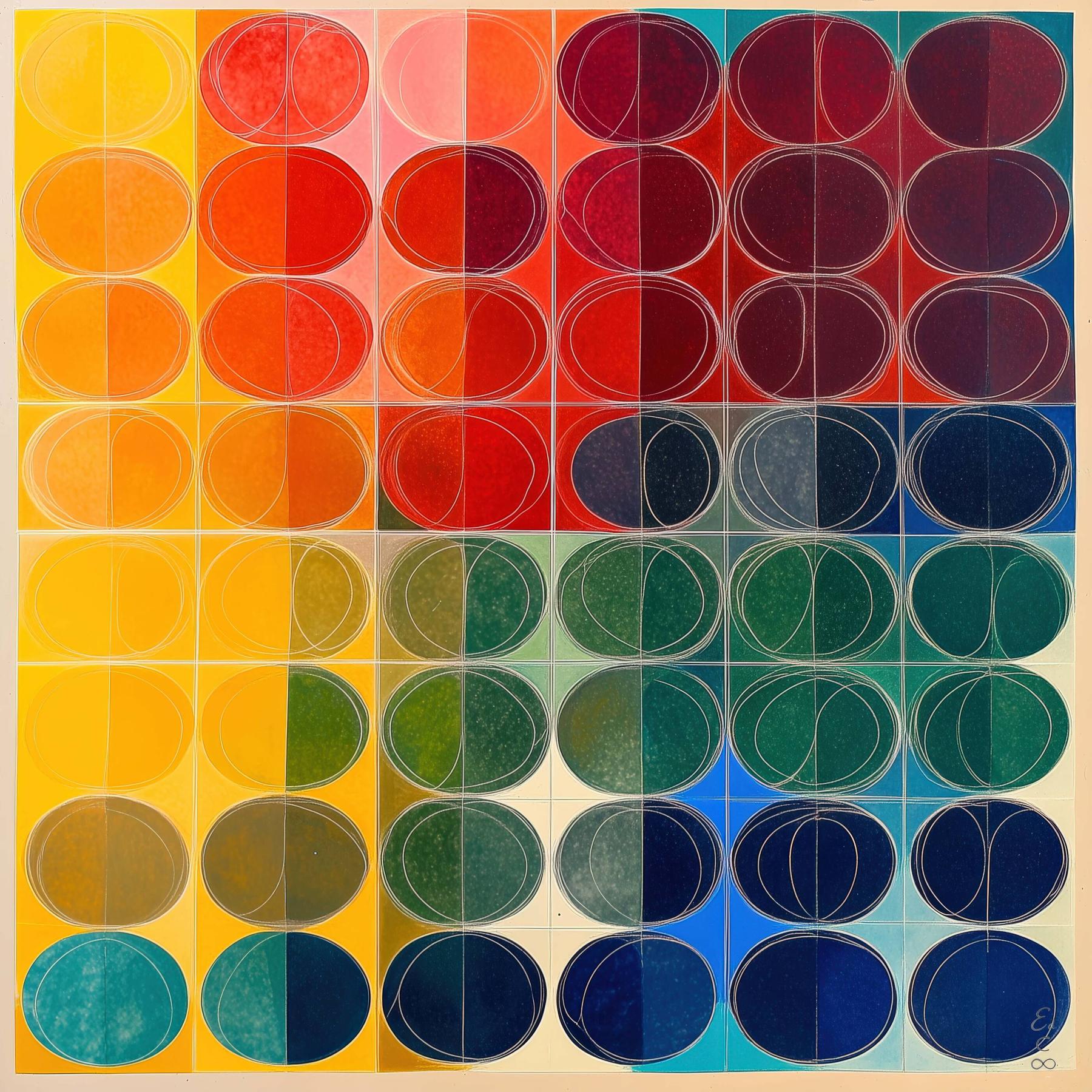A six-by-six grid of rounded cells shifts from yellow and red through green to deep blue, each compartment layered with fine looping contours and divided color fields.