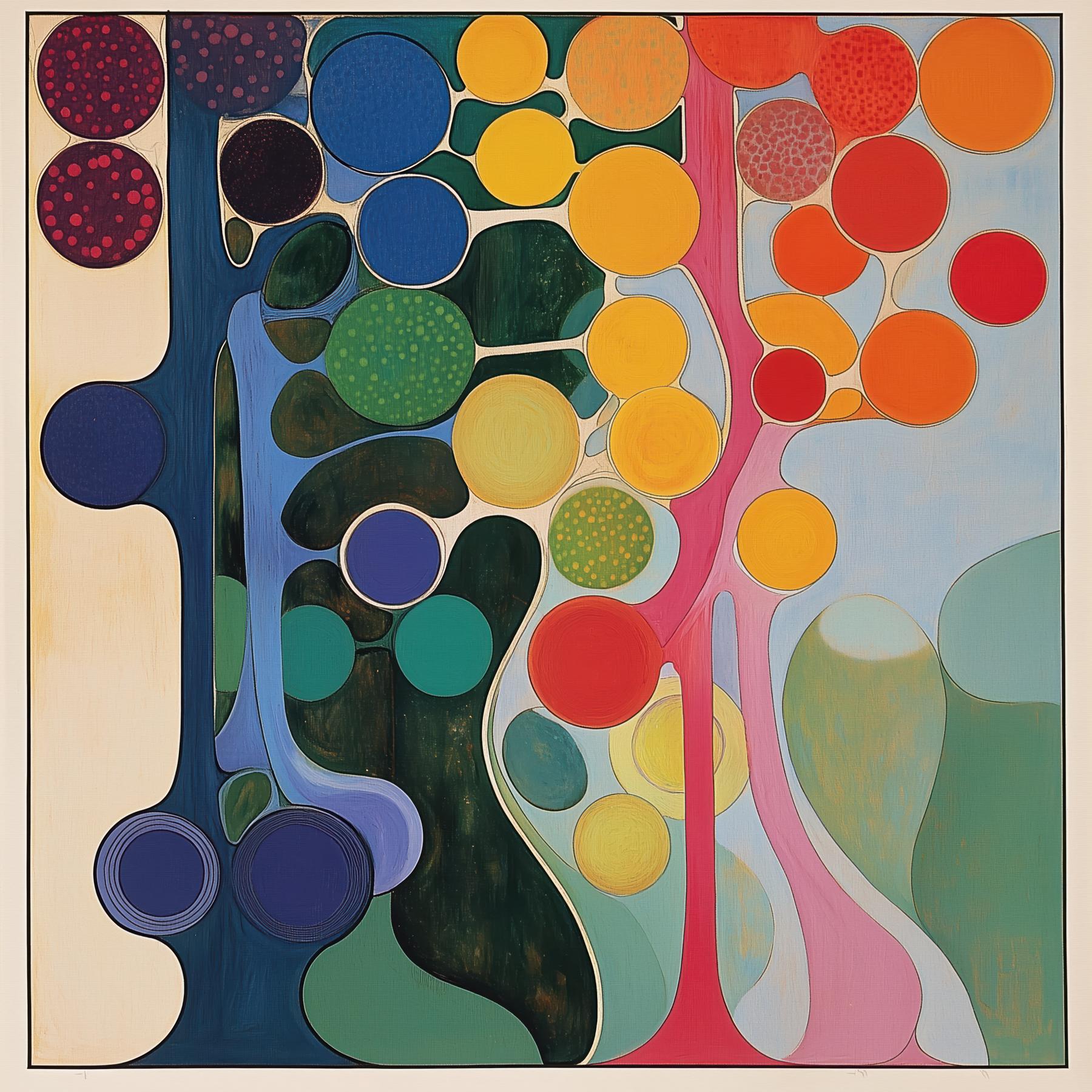 Interlocking bands of deep blue and pink rise vertically across a square field, supporting clusters of circular forms in saturated reds, oranges, yellows, greens, and blues against pale cream and sky-blue grounds.