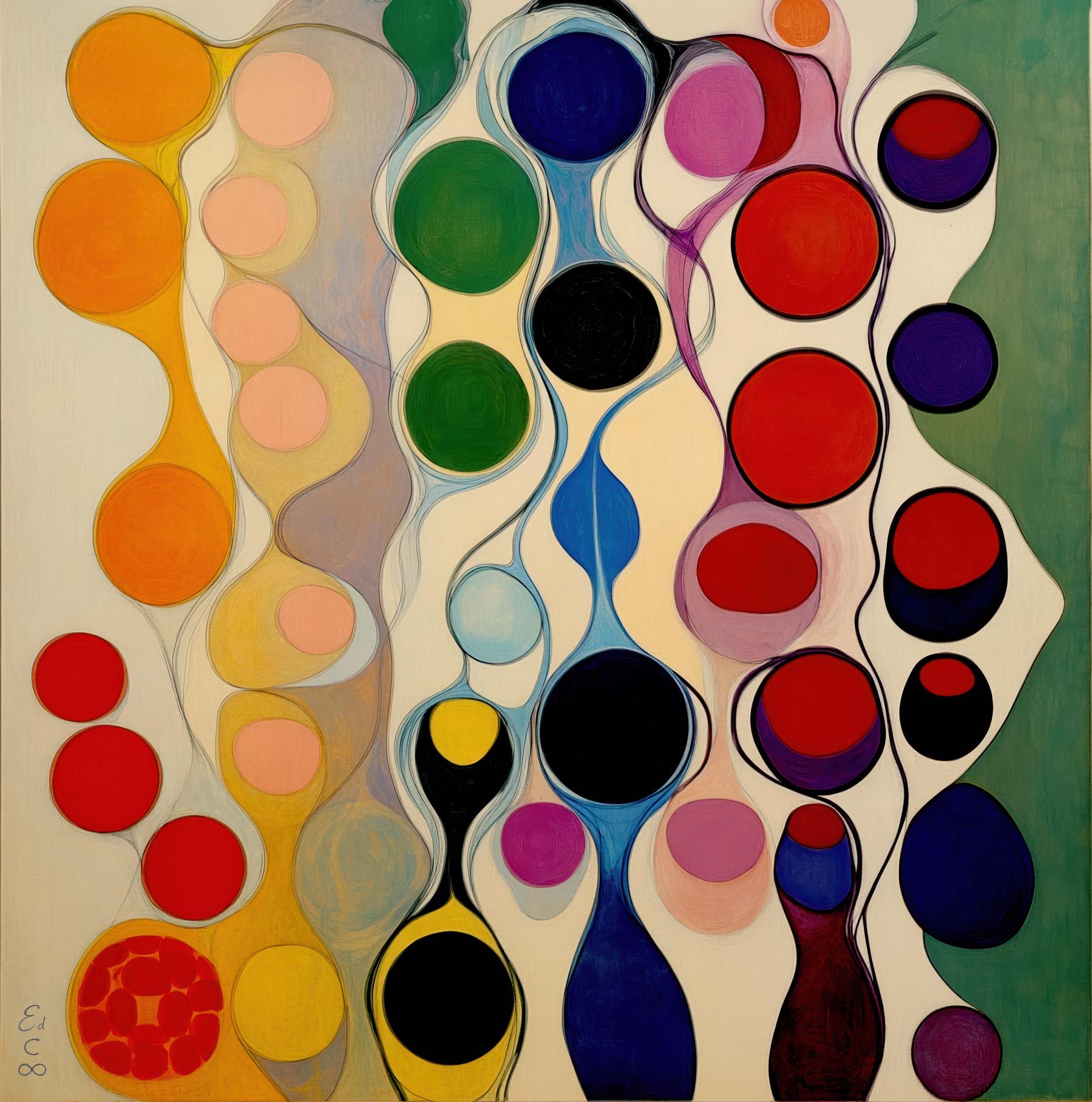 An arrangement of interconnected circular and elongated forms in vertical bands of varied colors unfolds across a pale ground.