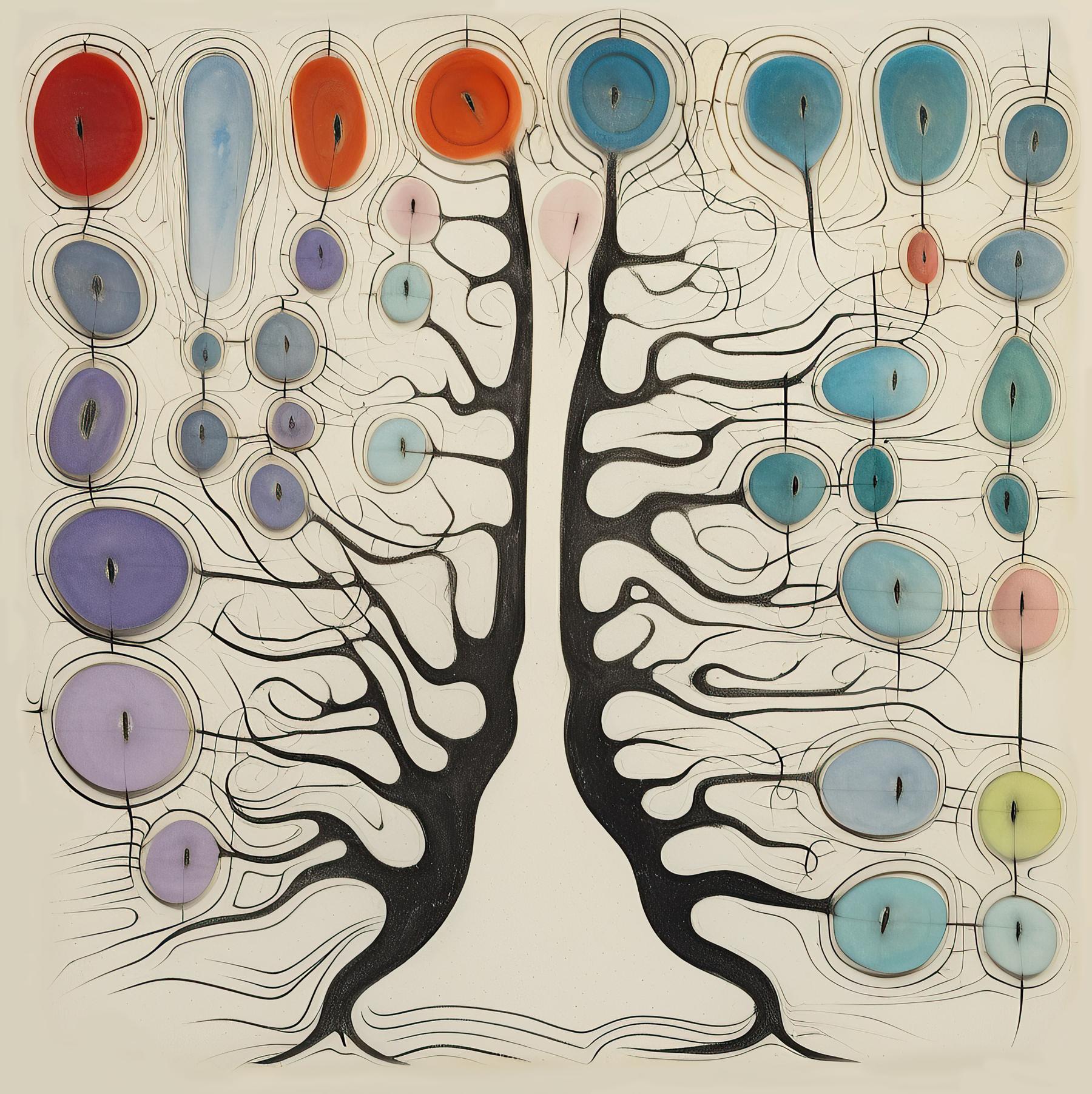 Two symmetrical, tree-like black forms rise from a shared base, their branching lines terminating in oval and circular color fields that cluster across a pale ground.