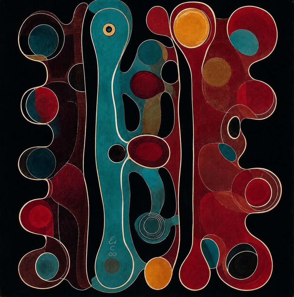 Sinuous teal and crimson columns rise against black, enclosing circular pools of red, amber, and blue within fine pale-gold contours.