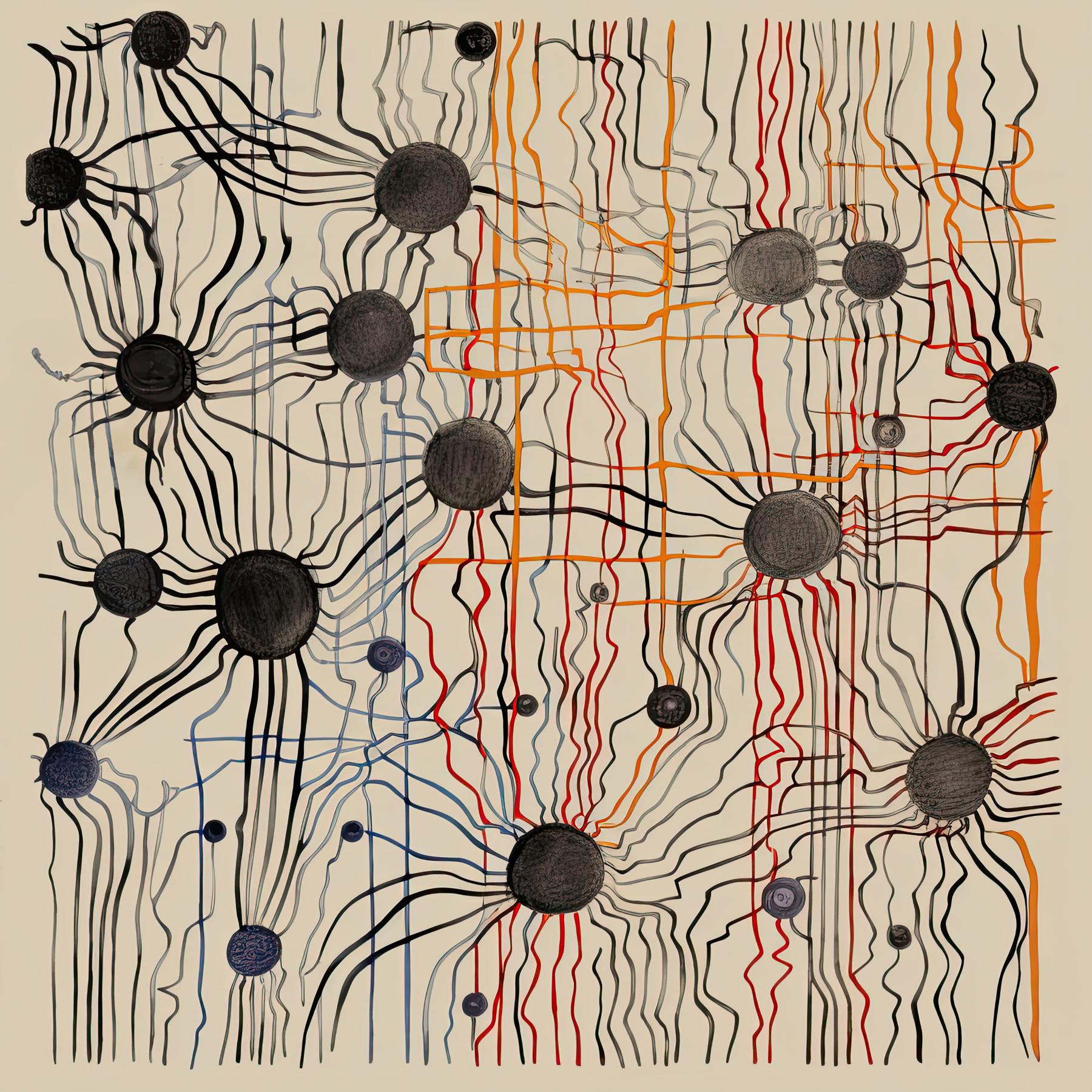 Interconnected black circular nodes are linked by dense, meandering lines in black, red, orange, and blue across a light beige ground, creating a layered lattice of pathways.