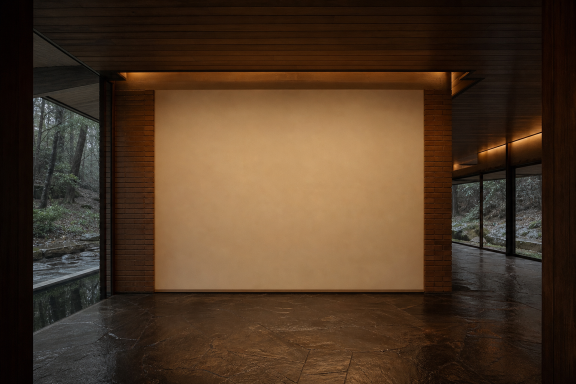 Strange Kelp #1 hung at 28 × 32 in on a wall of the Ravine House, shown to scale