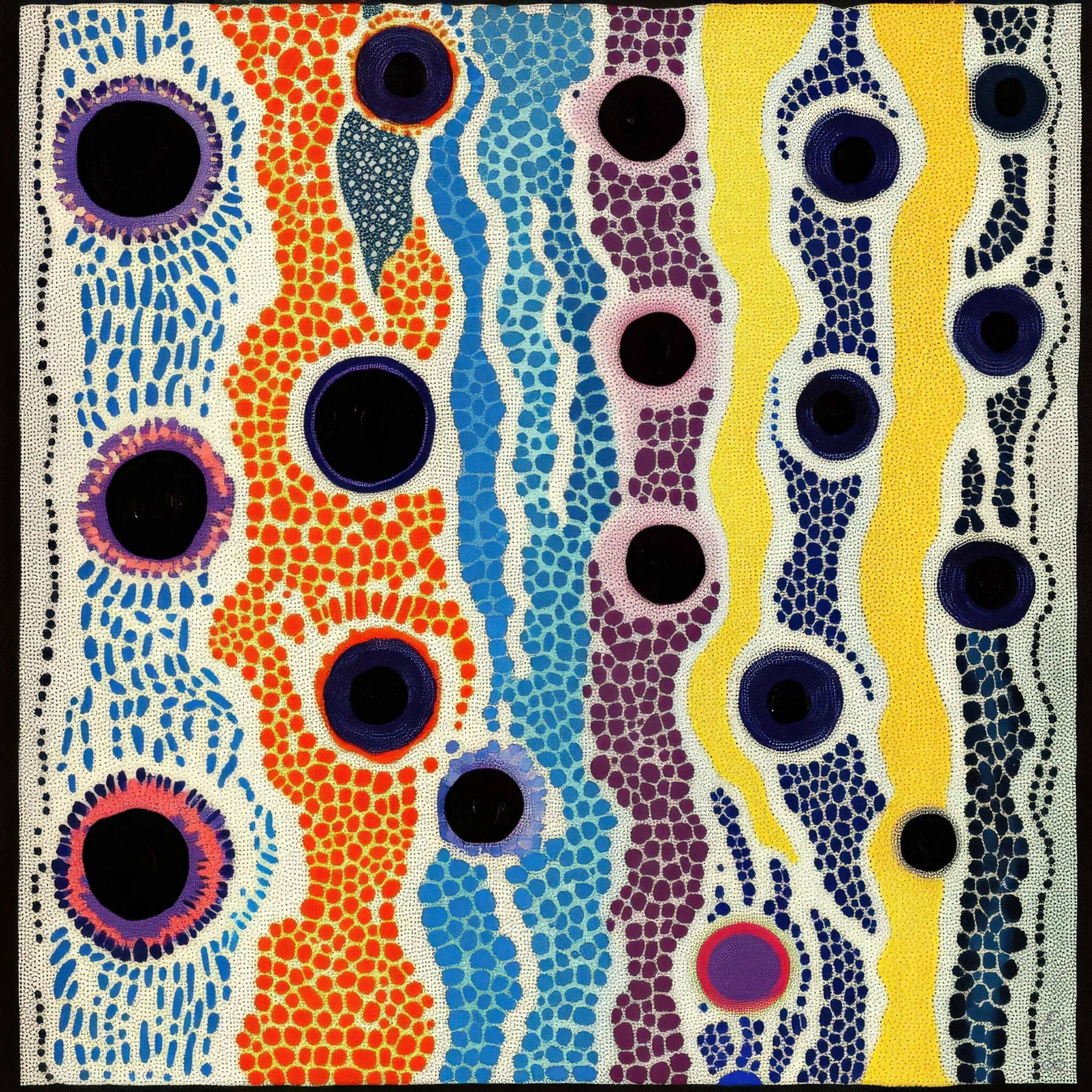 Vertical ribbons of stippled orange, blue, violet, yellow, and navy meander across a cream field, interrupted by dark circular apertures ringed in color.