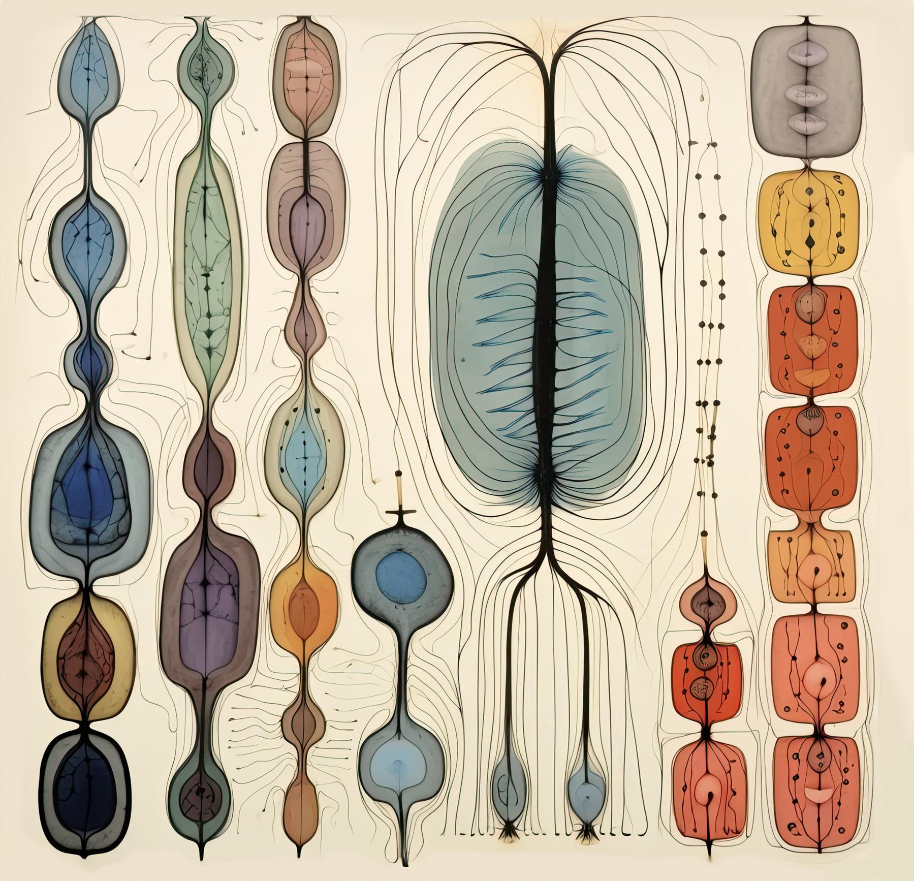 Elongated, cell-like forms in vertical columns are connected by fine black lines that traverse a pale ground, creating a loosely gridded network of colored shapes.