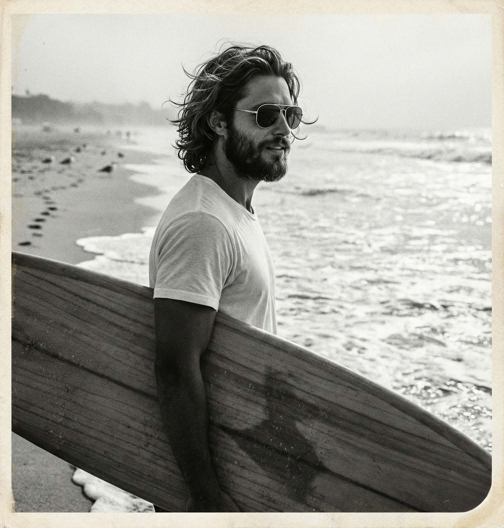 Edmund at an unnamed beach, surfboard under arm.