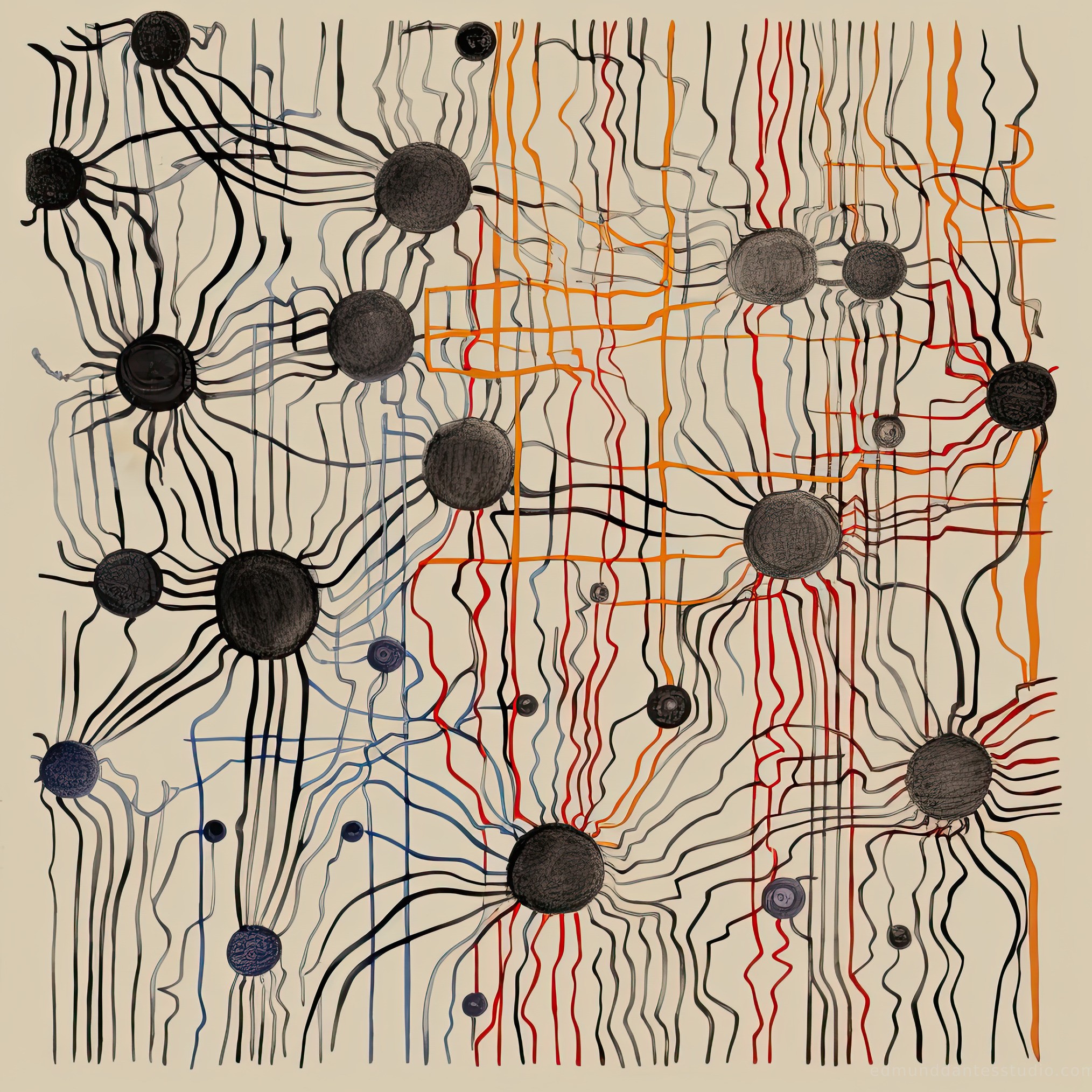 Neural Network - abstract diagrammatic art featuring ivory beige and lamp black by Edmund Dantes Studio